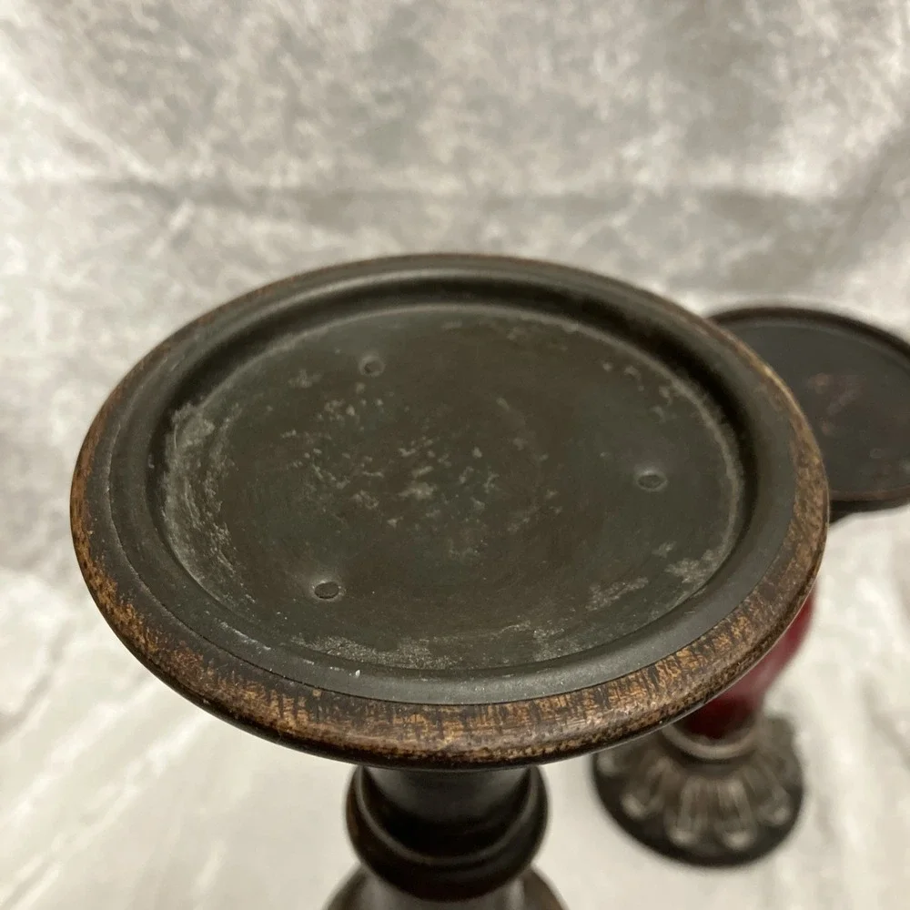 Lot of 2 Pillar Candle Holders, Red Ornate Glass Art Deco & Antiqued Brown Wood